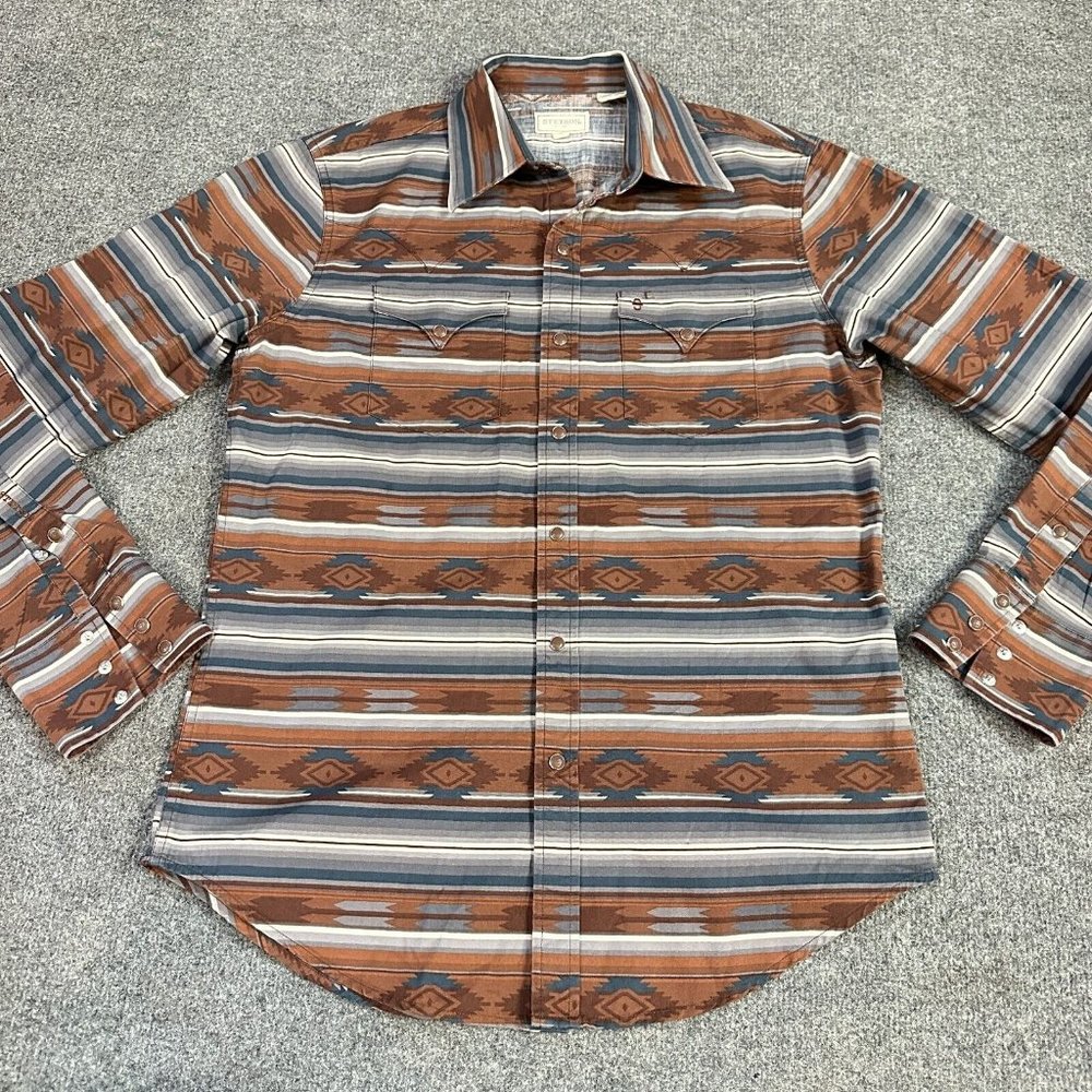 Stetson Mens Shirt M Beige Blue Long Sleeve Pearl Snap Southwestern